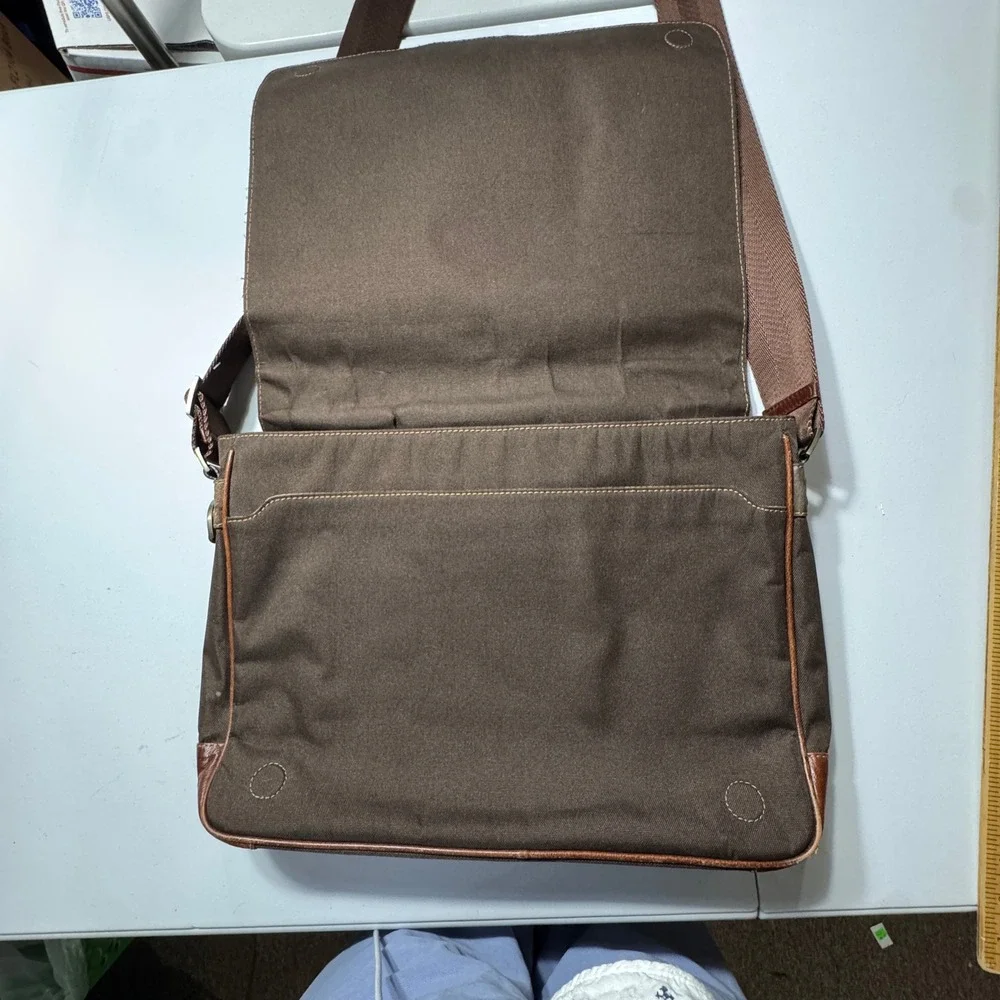 Boconi Messenger Bag Brown Leather Canvas Laptop Case Dark Academia